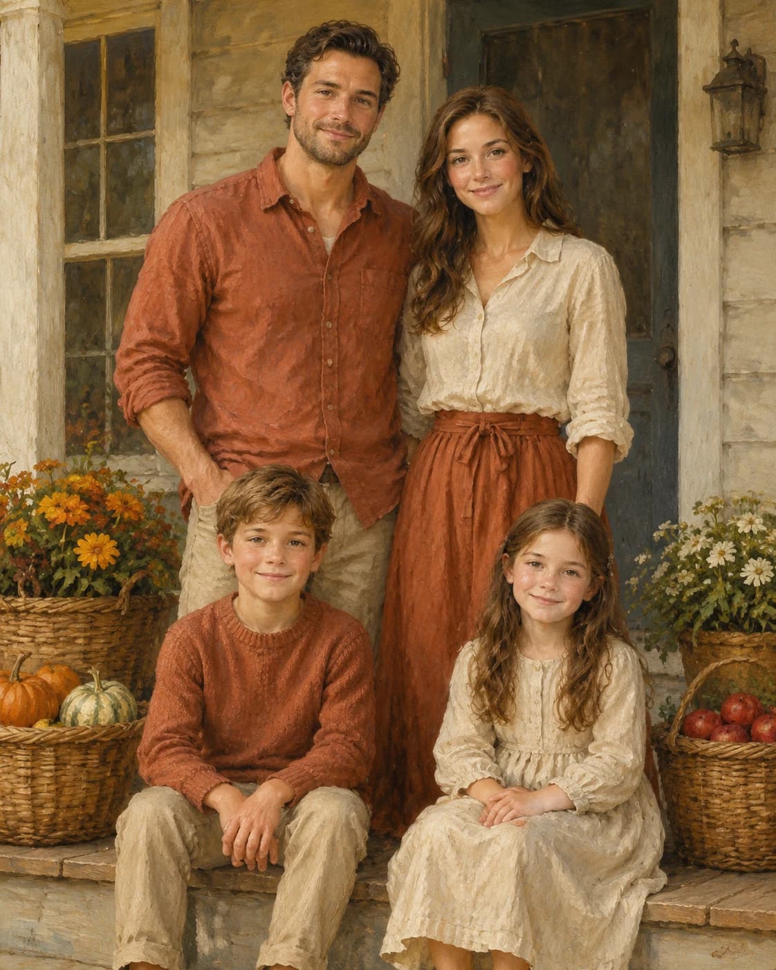 Harvest Porch Family Four: Harvest Porch Family Four: a farmhouse porch with decorative baskets on the floor, with warm terracotta and oat linen clothing.