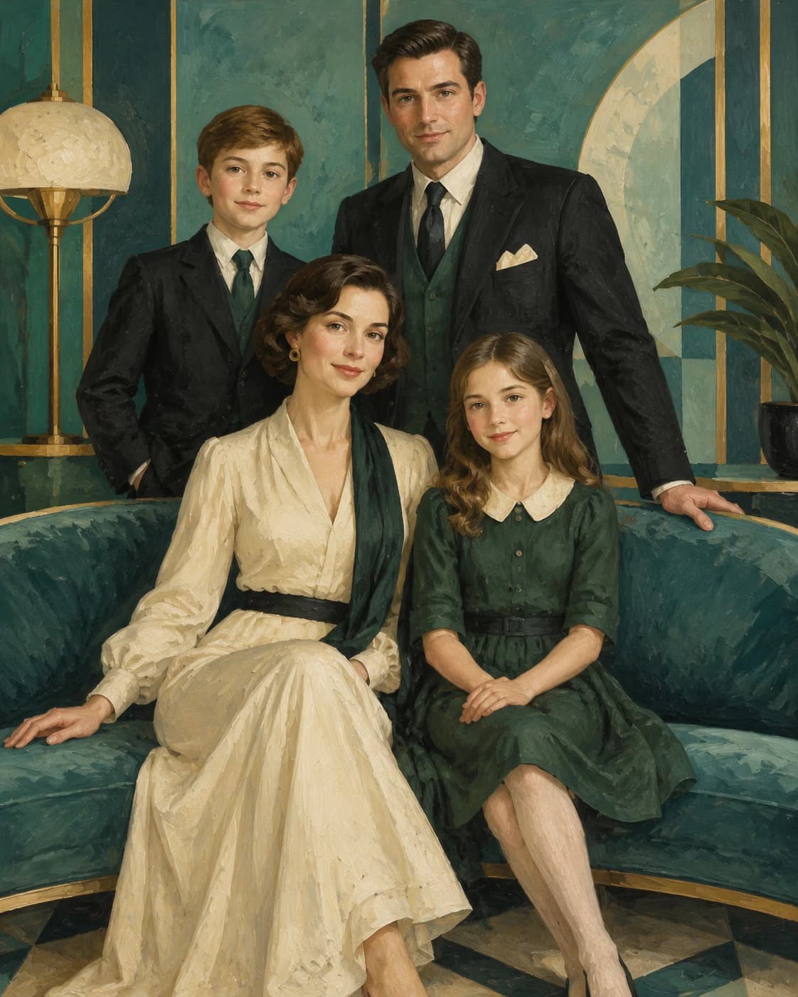 Art Deco Family Salon: Art Deco Family Salon: a geometric teal salon with a curved sofa, with black, cream and muted emerald formal clothing.