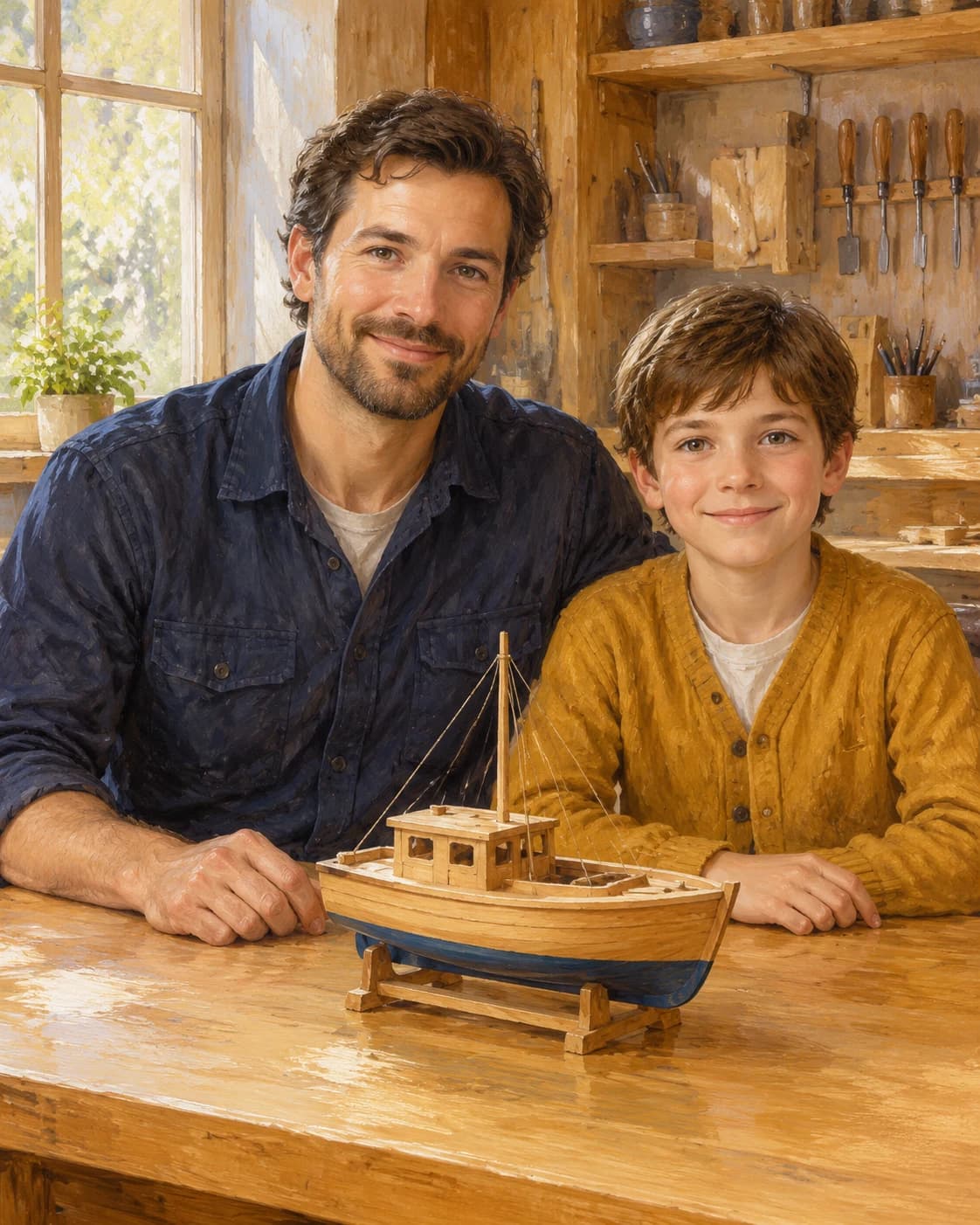 Father Son Workshop: Father Son Workshop: a bright wooden model-making studio with tools put away, with a navy adult work shirt and ochre child cardigan.