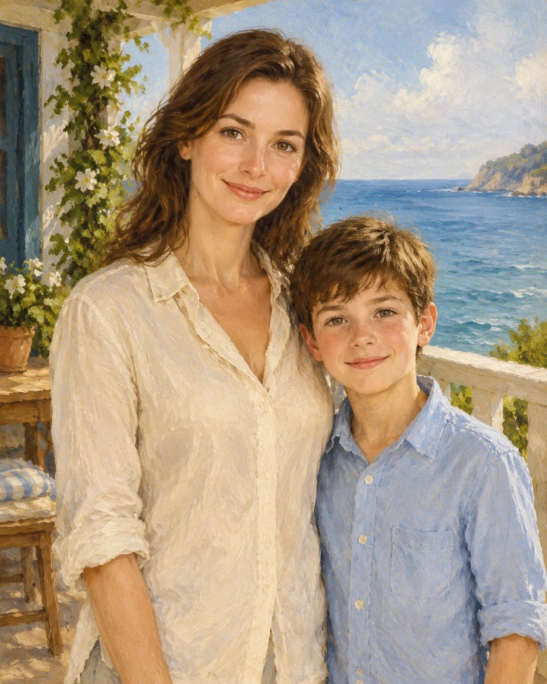 Mother Son Seaside: Mother Son Seaside: a sheltered coastal veranda, with a cream adult linen blouse and pale-blue child shirt.