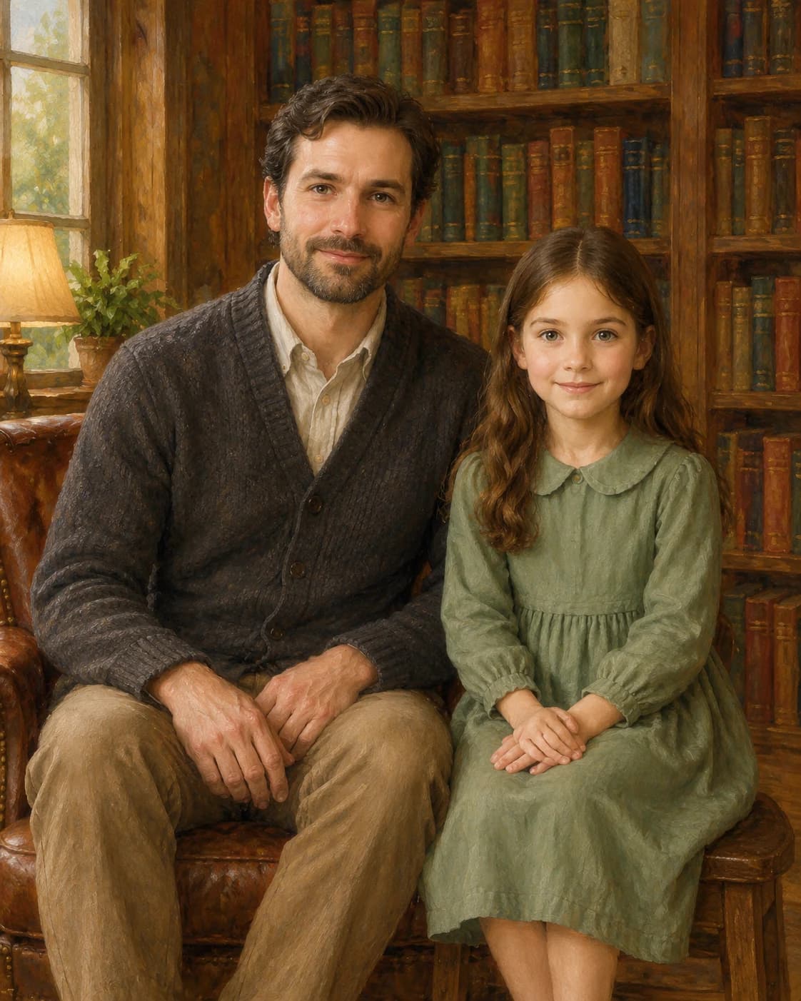 Father Daughter Library: Father Daughter Library: a warm home library with closed books, with a charcoal adult cardigan and modest sage child dress.