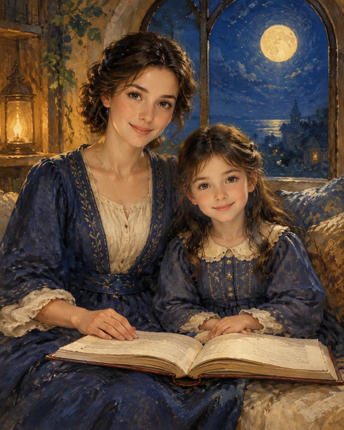 Parent Child Moonlit Story: Parent Child Moonlit Story: a fictional moonlit reading alcove, with modest indigo and cream storybook clothing.
