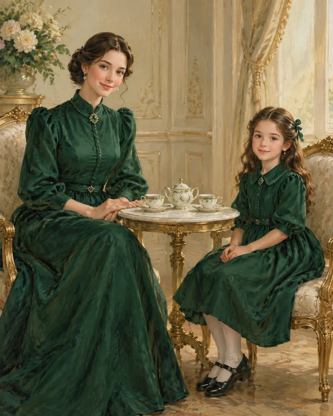 Mother Daughter Royal Tea: Mother Daughter Royal Tea: a fictional ivory court salon with a small empty tea table, with coordinated emerald court dresses with modest collars.