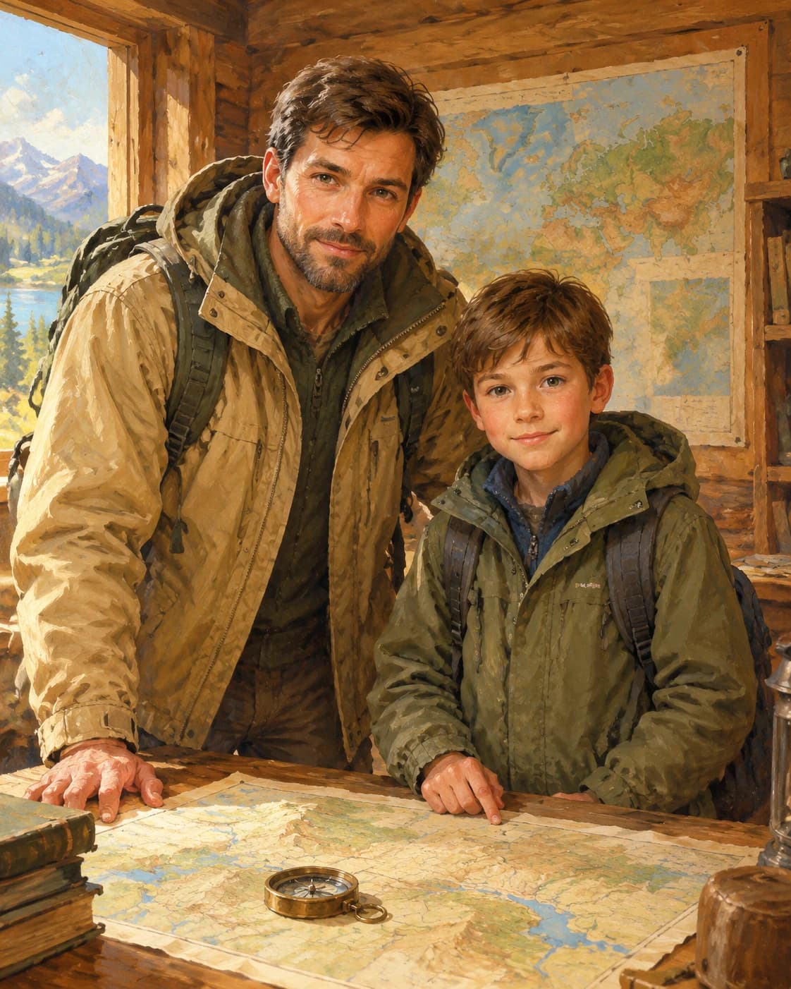 Father Son Explorer Maps: Father Son Explorer Maps: a bright cabin with an unlabeled map on the wall, with sand and forest expedition coats without weapons.