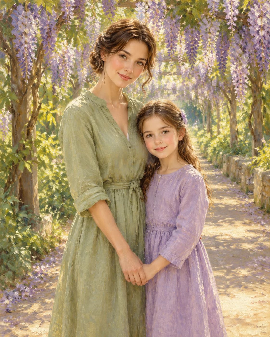 Parent Child Garden Walk: Parent Child Garden Walk: a sunlit wisteria path, with sage adult linen and a modest lavender child outfit.