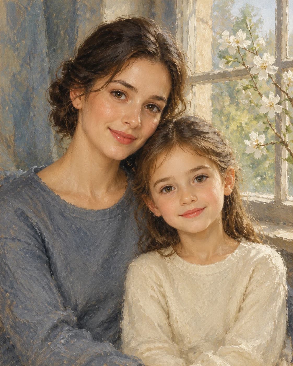 Mother Child Window Tribute: Mother Child Window Tribute: a quiet window with sparse white blossoms, with plain gray-blue adult clothing and ivory child clothing.