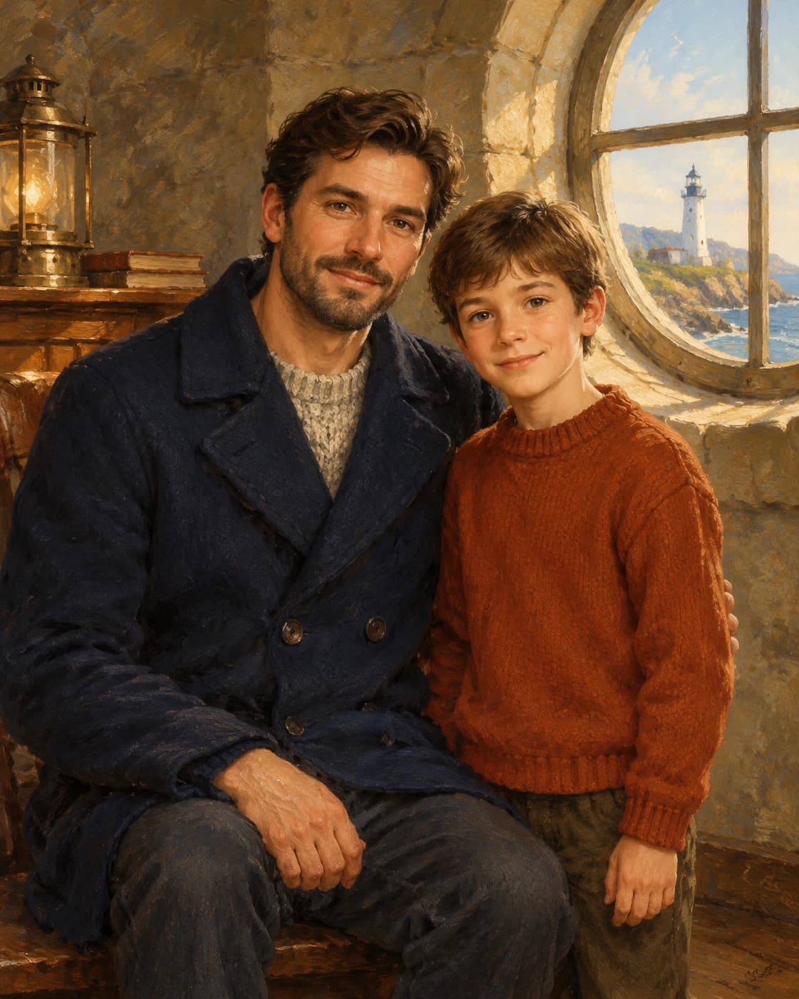 Father Child Lighthouse: Father Child Lighthouse: a warm stone lighthouse interior with a round window, with navy adult wool coat and rust child sweater.