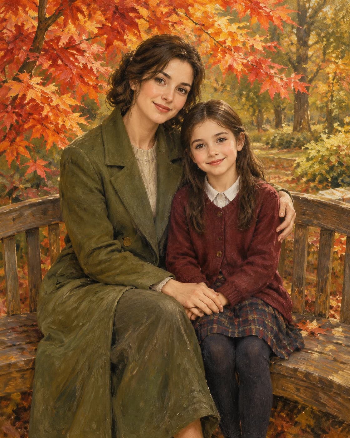 Mother Daughter Autumn Bench: Mother Daughter Autumn Bench: a maple garden with a curved bench, with olive adult coat and burgundy child cardigan.