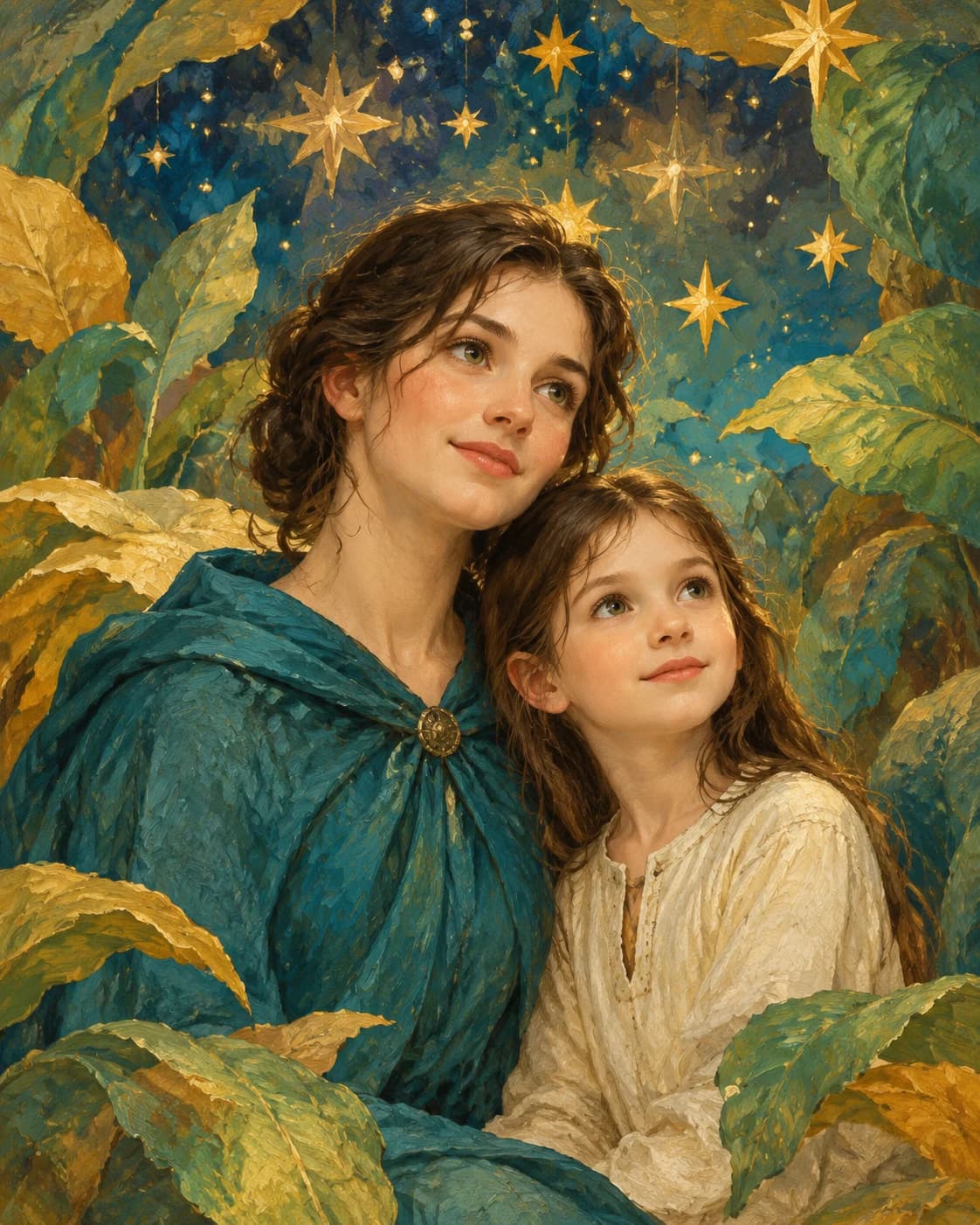 Parent Child Celestial Garden: Parent Child Celestial Garden: a fictional garden of oversized painted leaves, with modest teal adult cape and cream child tunic.