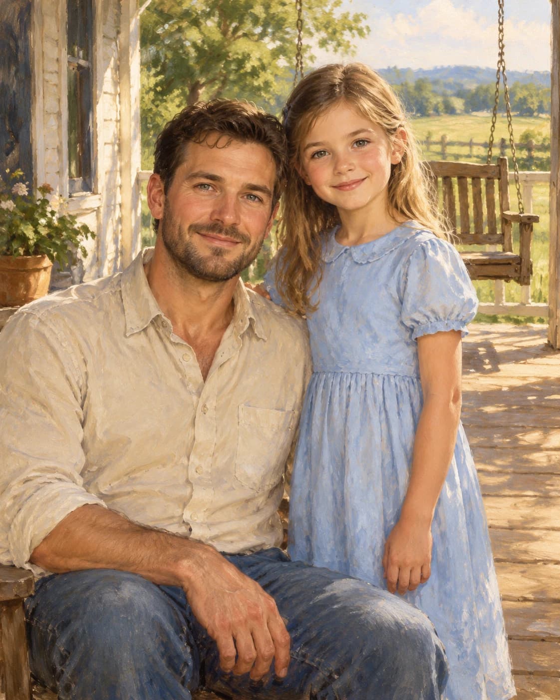 Father Daughter Country Porch: Father Daughter Country Porch: a sunlit rural porch with an empty swing behind, with oat adult shirt and a modest pale-blue child dress.