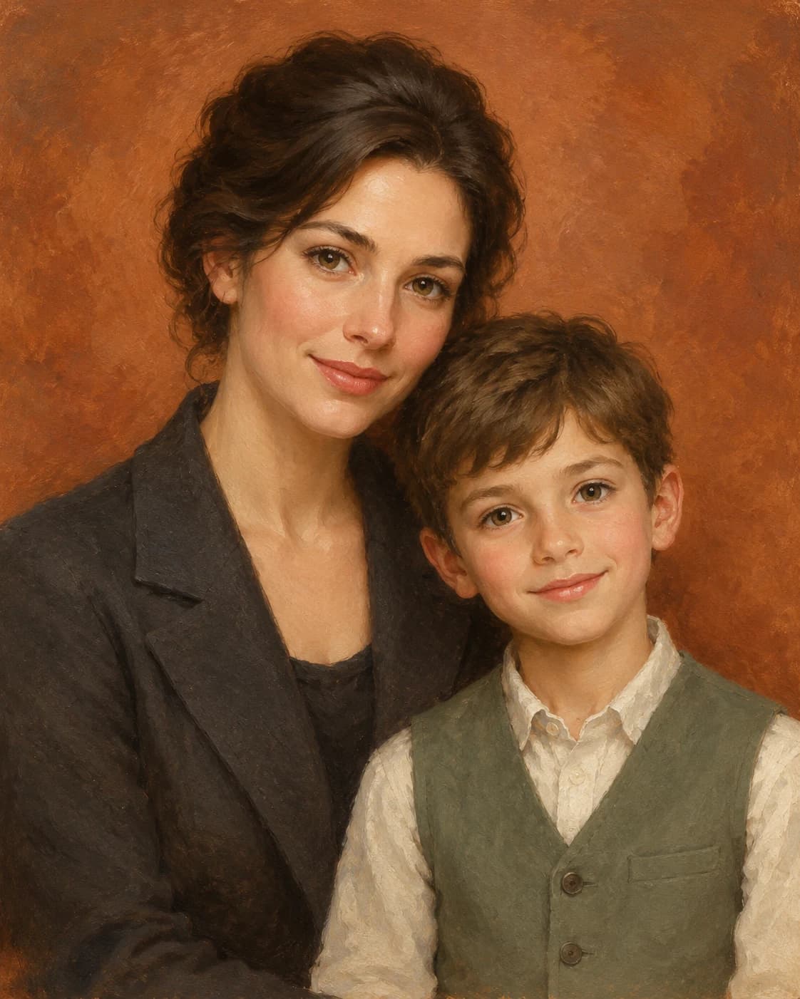 Mother Son Heirloom Studio: Mother Son Heirloom Studio: a warm terracotta portrait studio, with a charcoal adult jacket and sage child waistcoat.