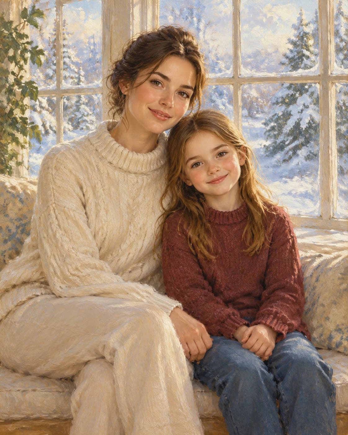 Parent Child Snowglow: Parent Child Snowglow: a winter conservatory overlooking snow, with cream adult knitwear and muted cranberry child sweater.