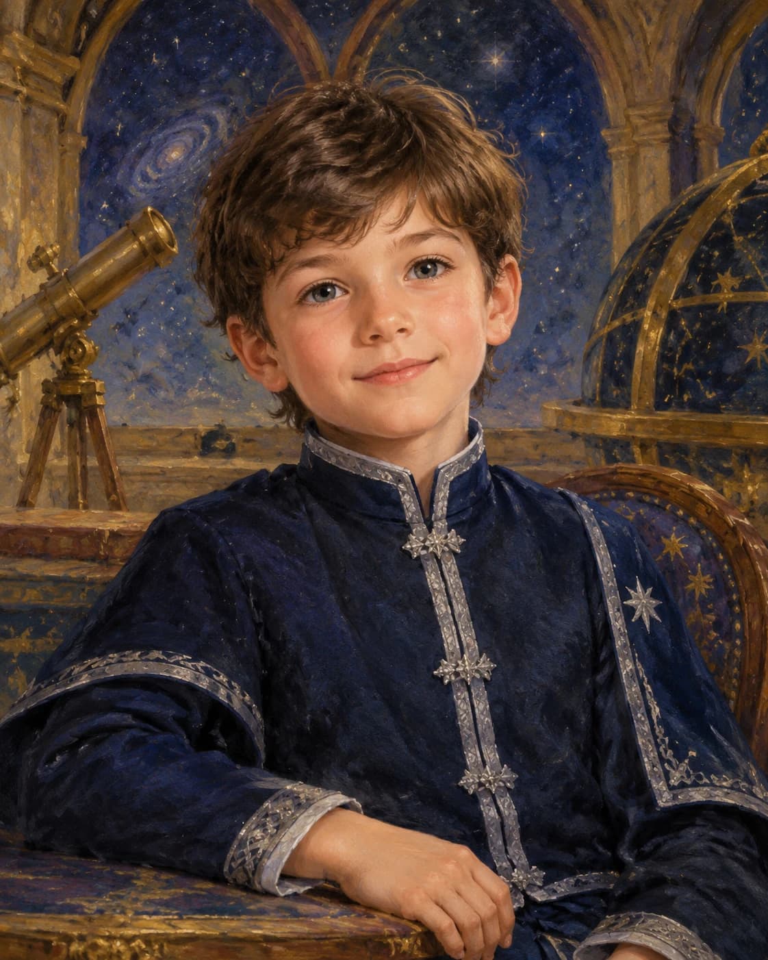 Little Royal Stargazer: Little Royal Stargazer: a fictional palace observatory painted with tiny stars, with a modest navy child court tunic with silver trim.