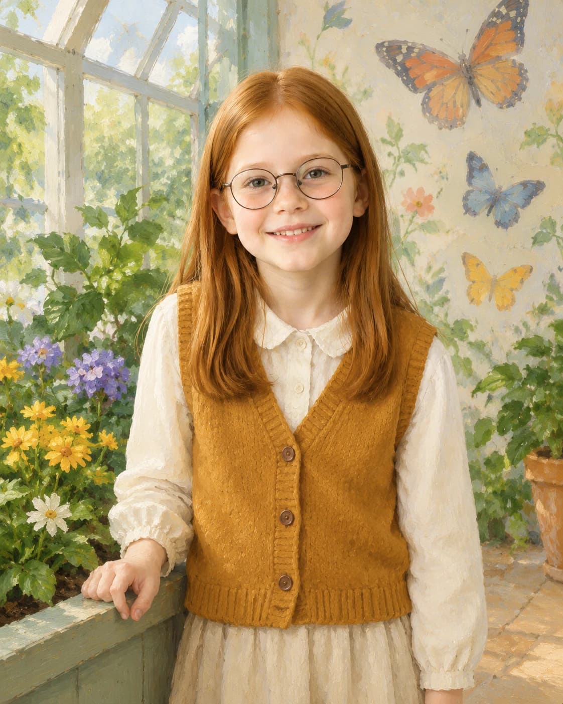 Young Garden Naturalist: Young Garden Naturalist: a bright conservatory with butterfly motifs painted on the wall, with a modest cream child shirt and ochre vest.