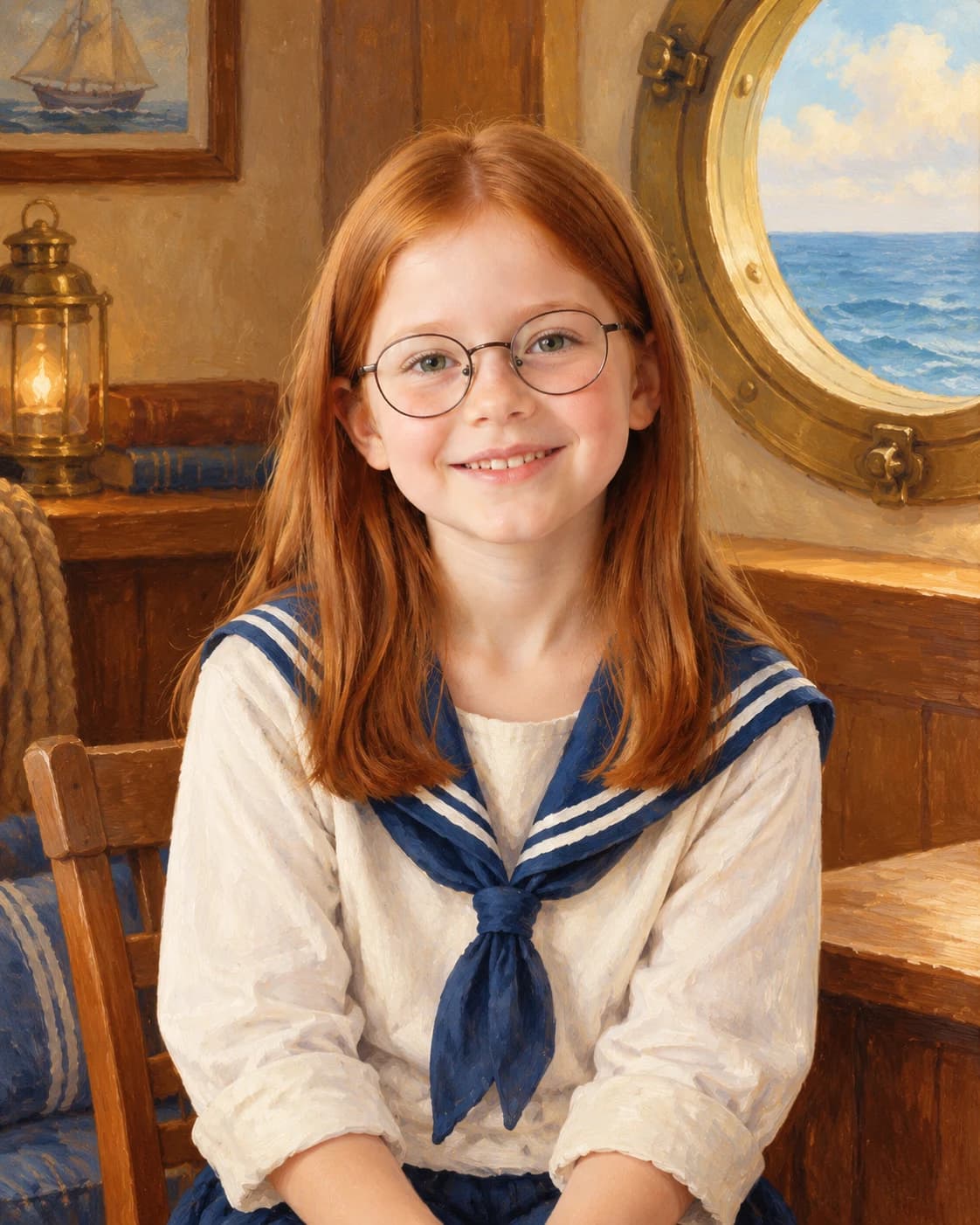 Little Ocean Navigator: Little Ocean Navigator: a fictional ship cabin with a round porthole, with a navy child sailor collar and cream shirt with no badges.