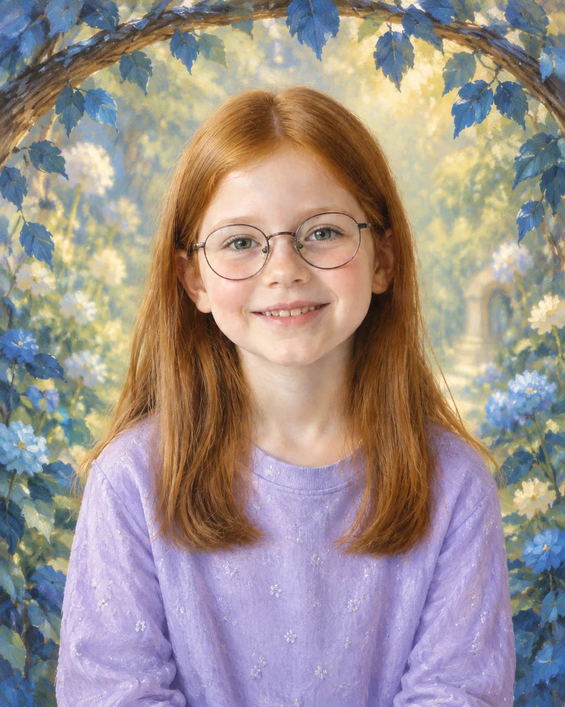 Child of the Moon Garden: Child of the Moon Garden: a softly glowing fantasy garden with blue leaves, with a modest lilac child tunic with small silver embroidered dots.