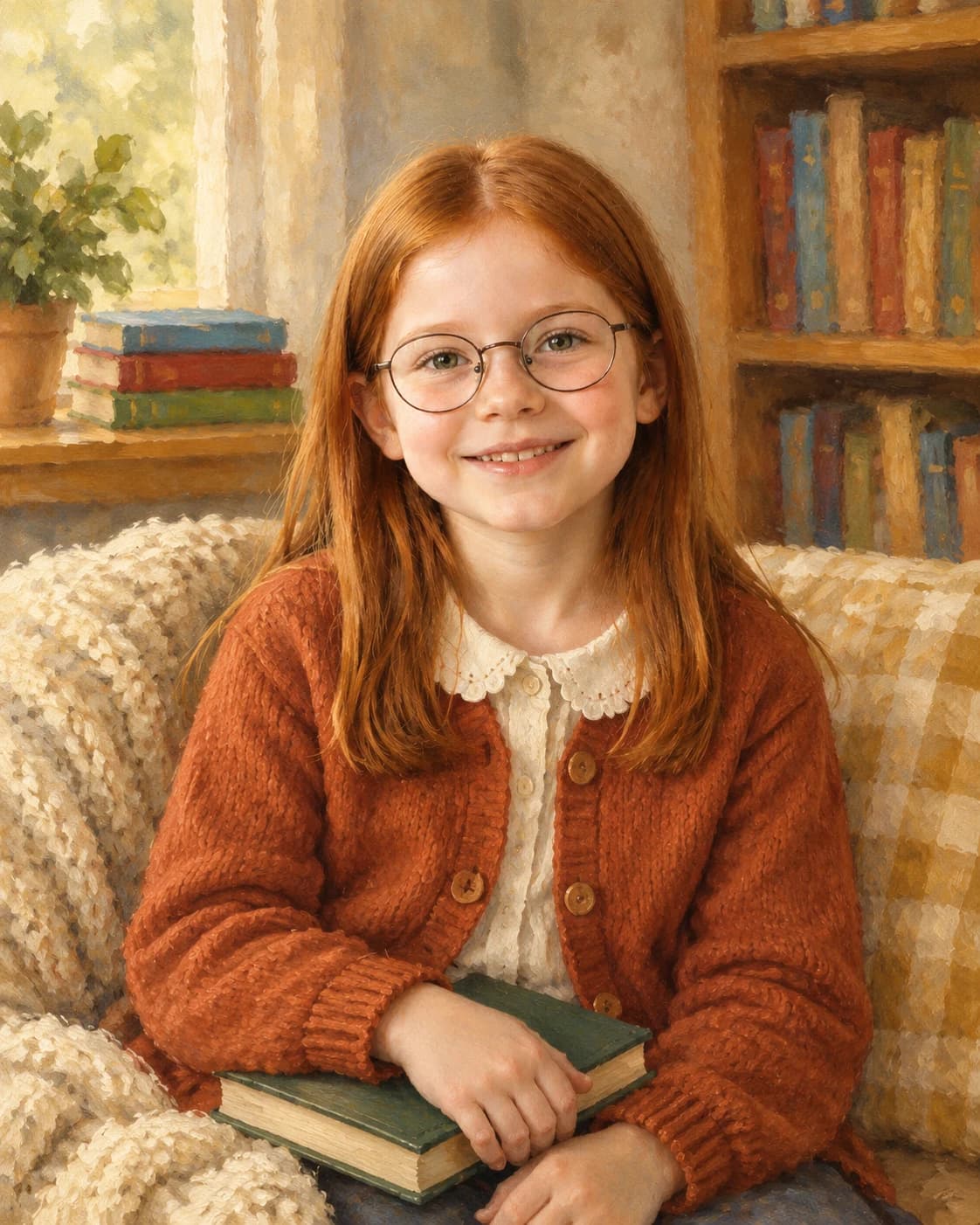 Young Library Dreamer: Young Library Dreamer: a cozy reading nook with closed books, with a rust child cardigan and ivory collar.