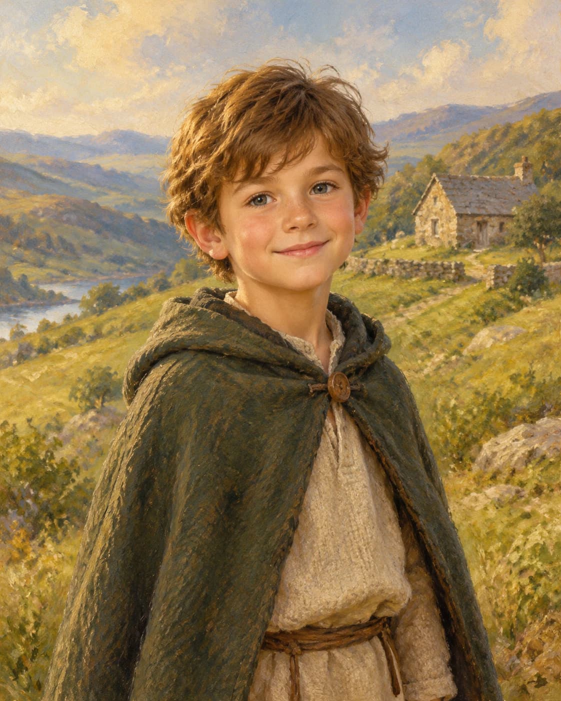 Little Highland Explorer: Little Highland Explorer: a gentle hillside with a distant invented stone cottage, with a modest forest child cape and oatmeal clothing.