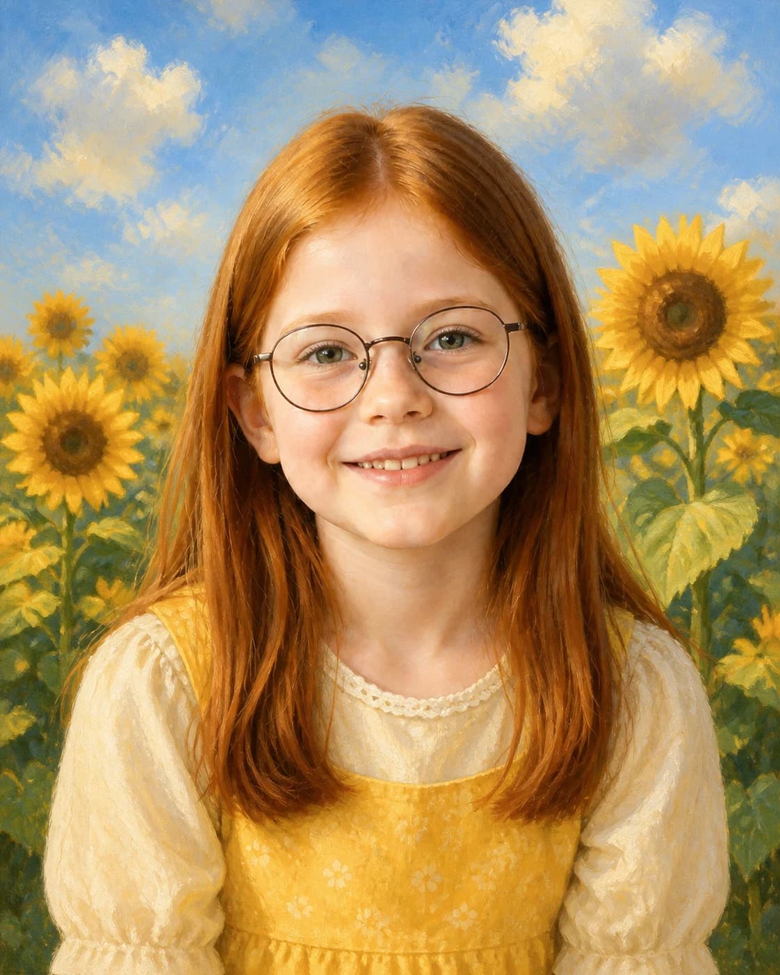 Sunflower Childhood Portrait: Sunflower Childhood Portrait: a sunlit field of tall sunflowers, with a modest yellow-and-cream child outfit.