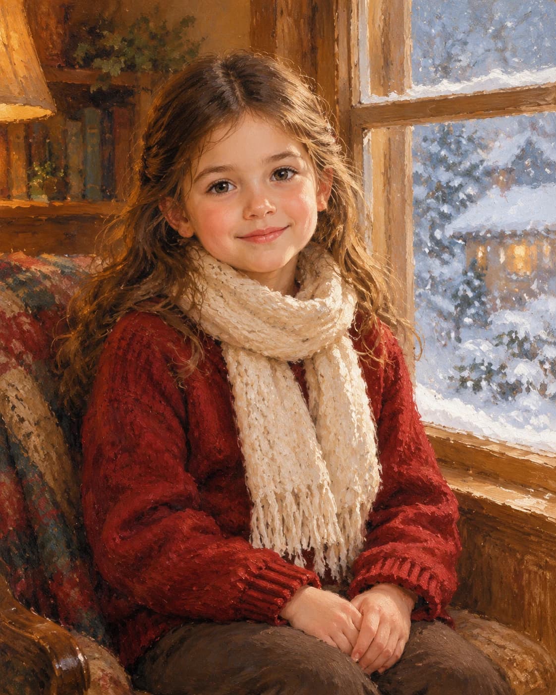 Child Winter Keepsake: Child Winter Keepsake: a warm window overlooking falling snow, with a simple cranberry child sweater with a cream scarf.