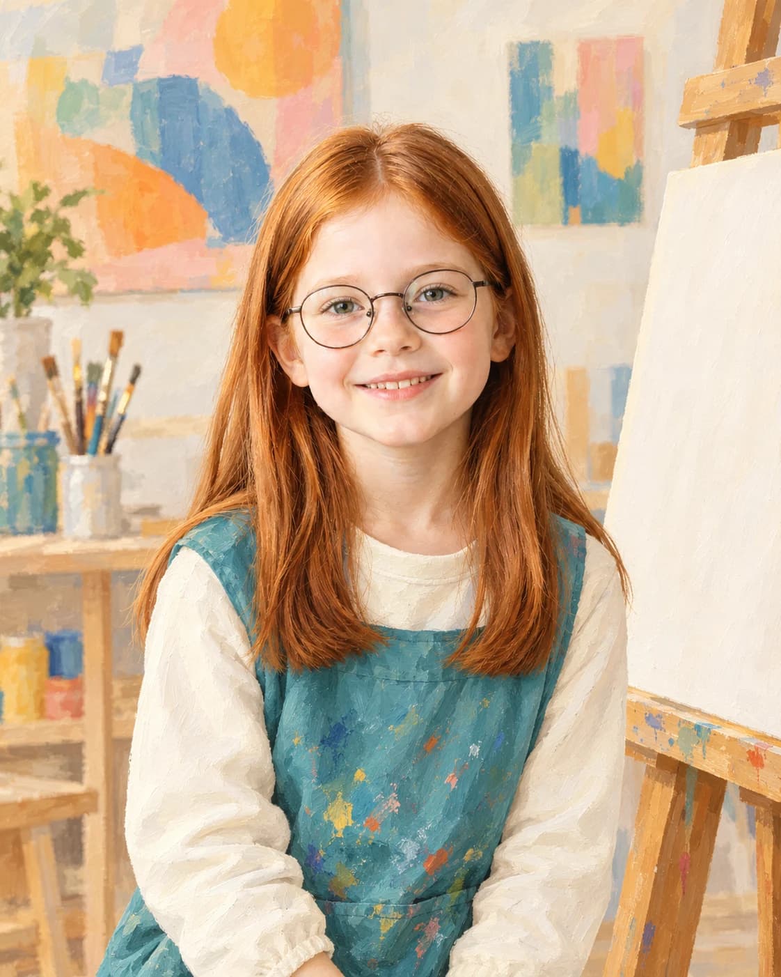 Young Art Studio Portrait: Young Art Studio Portrait: a pale contemporary studio with colored abstract shapes, with a modest teal child smock over a cream shirt.