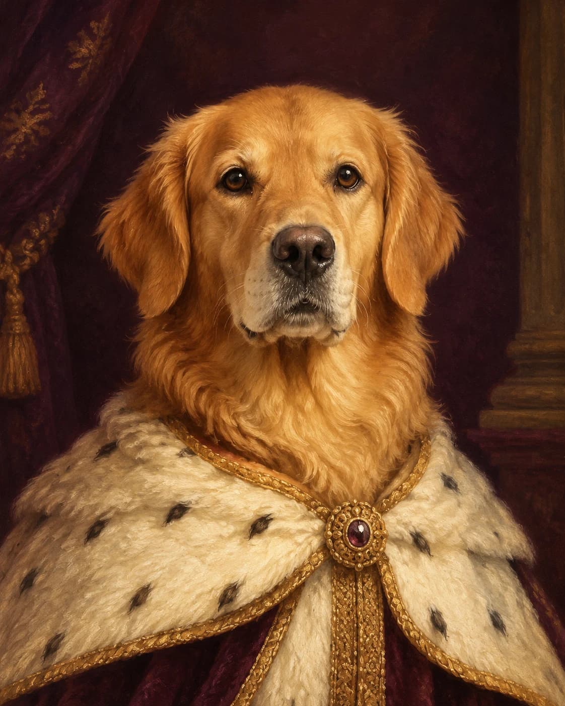 Dog Renaissance Monarch: Dog Renaissance Monarch: a deep aubergine royal gallery, with an ivory canine mantle with muted gold edging.
