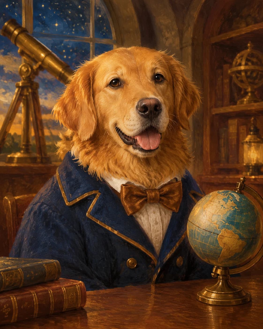 Dog Observatory Professor: Dog Observatory Professor: a warm observatory with a small globe, with a navy dog scholar coat with a bronze bow.