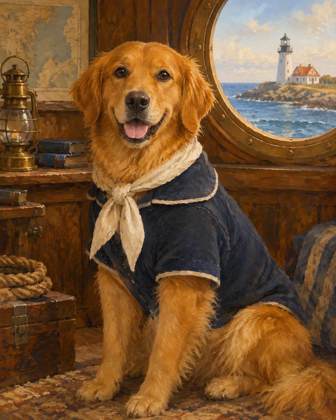 Dog Coastal Captain: Dog Coastal Captain: a fictional lighthouse cabin with a round window, with a navy dog coat with a cream neckerchief and no insignia.