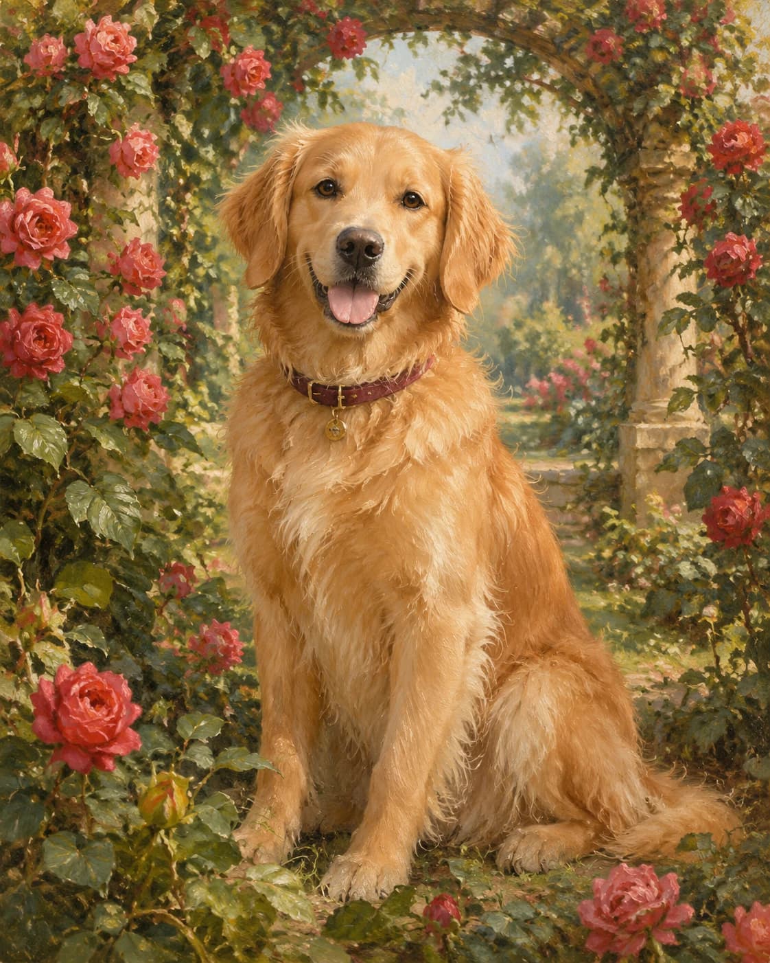 Dog Rose Garden Noble: Dog Rose Garden Noble: a softly painted rose arbor, with a burgundy dog collar with a tiny gold clasp.