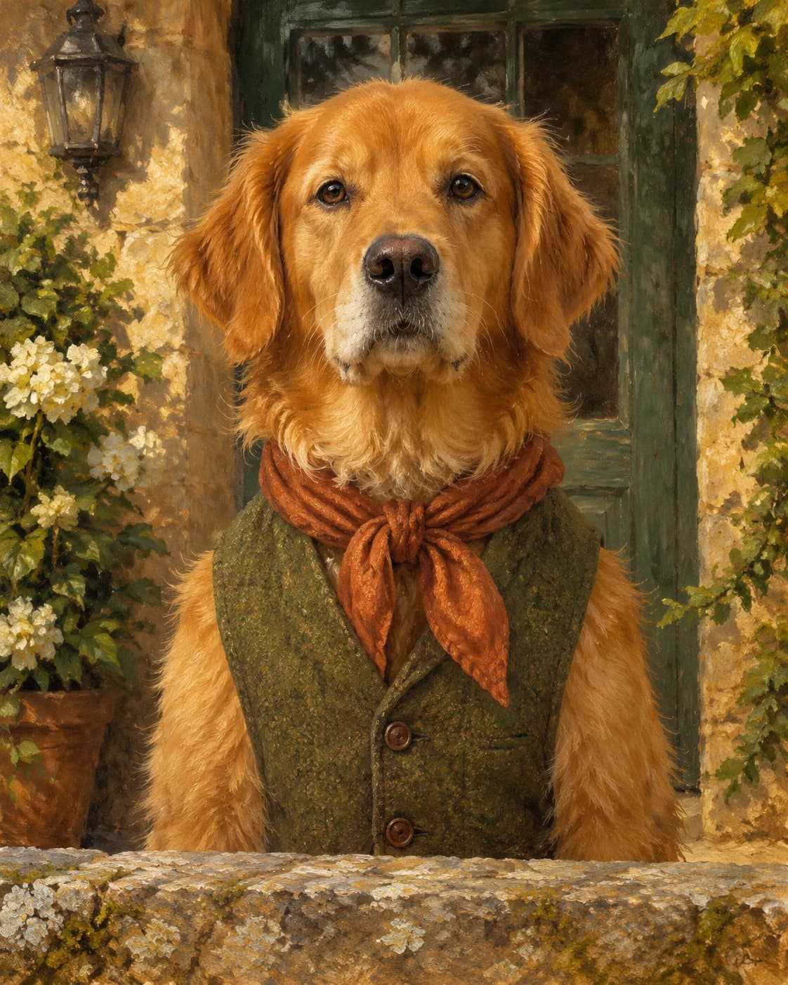 Dog Country Gentleman: Dog Country Gentleman: a warm country-estate doorway, with an olive canine waistcoat and rust neck scarf.