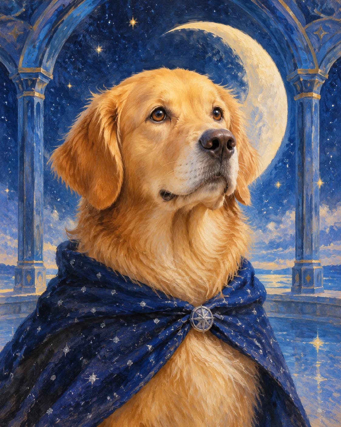 Dog Celestial Voyager: Dog Celestial Voyager: a fictional blue star pavilion, with a midnight-blue canine cape with restrained silver dots.