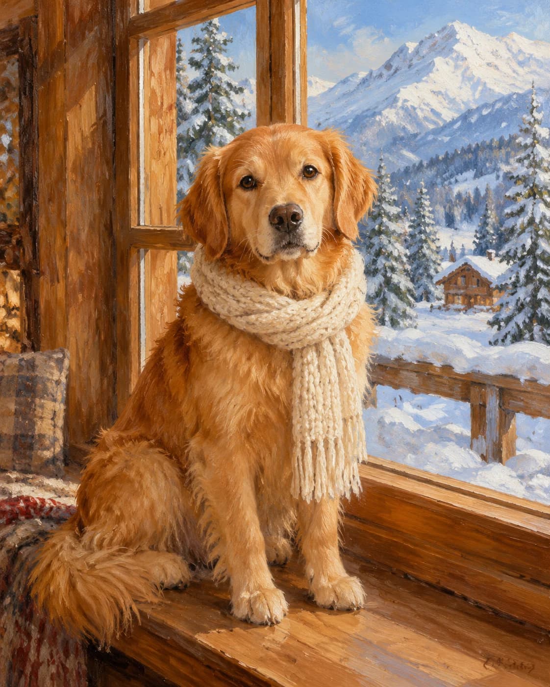 Dog Winter Chalet: Dog Winter Chalet: a timber chalet window overlooking snow, with a cream knitted canine scarf without a hat.