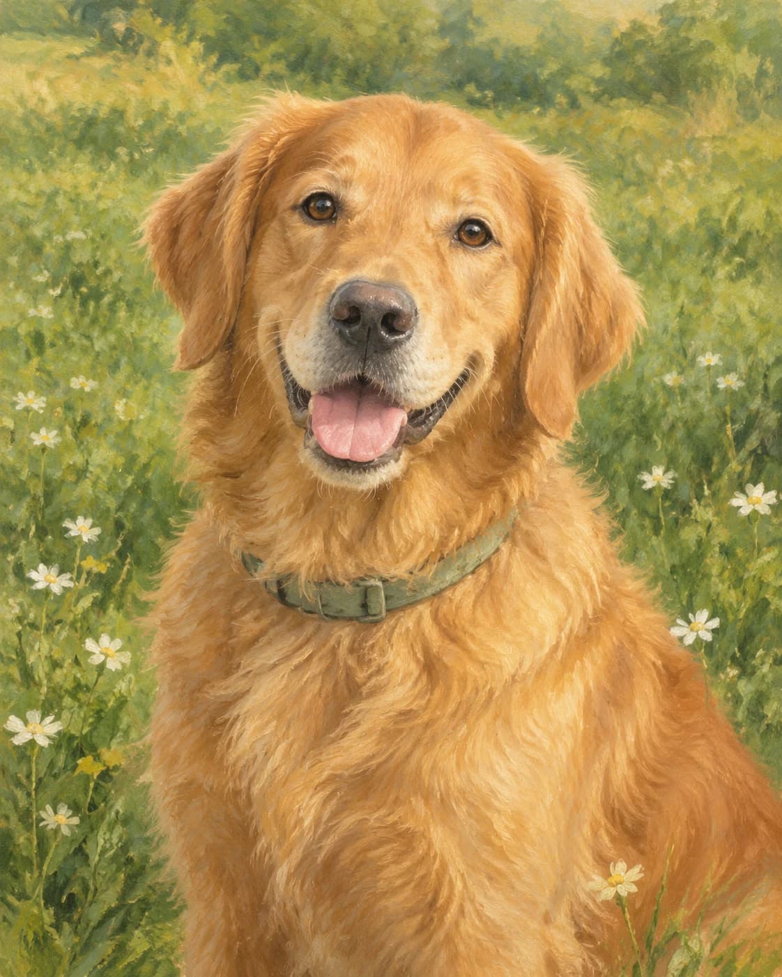 Dog Meadow Remembrance: Dog Meadow Remembrance: a quiet green meadow with sparse white flowers, with a simple muted-sage collar without tags.