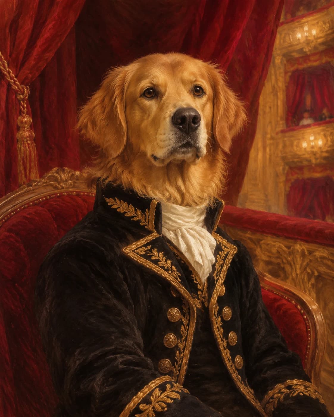 Dog Velvet Opera Patron: Dog Velvet Opera Patron: a private theater box with crimson curtains, with a black canine formal coat with antique-gold trim.