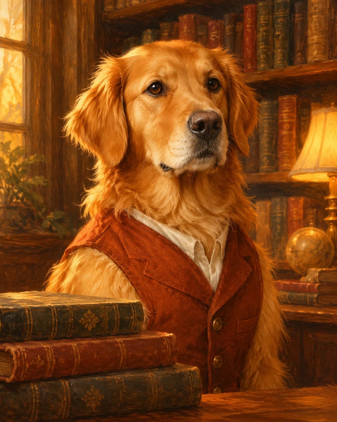 Dog Amber Library Keeper: Dog Amber Library Keeper: an intimate amber library with closed books, with a rust dog scholar waistcoat.