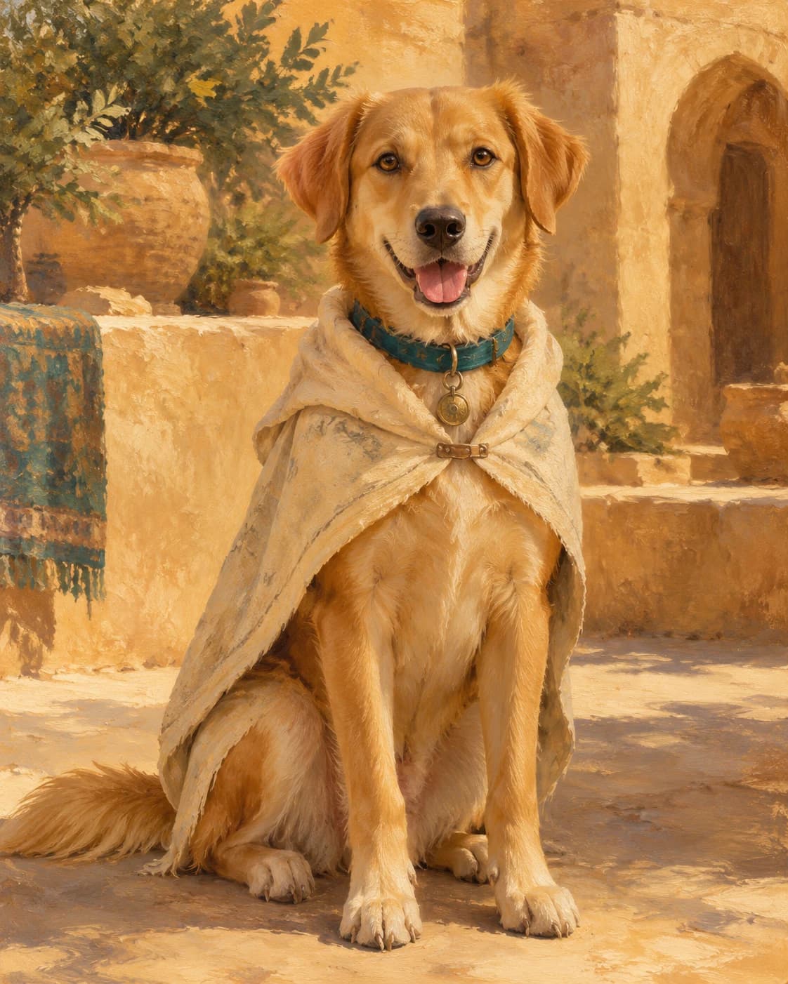 Dog Desert Caravan Friend: Dog Desert Caravan Friend: a painted sandstone courtyard with warm shadows, with a light sand canine mantle and teal collar.