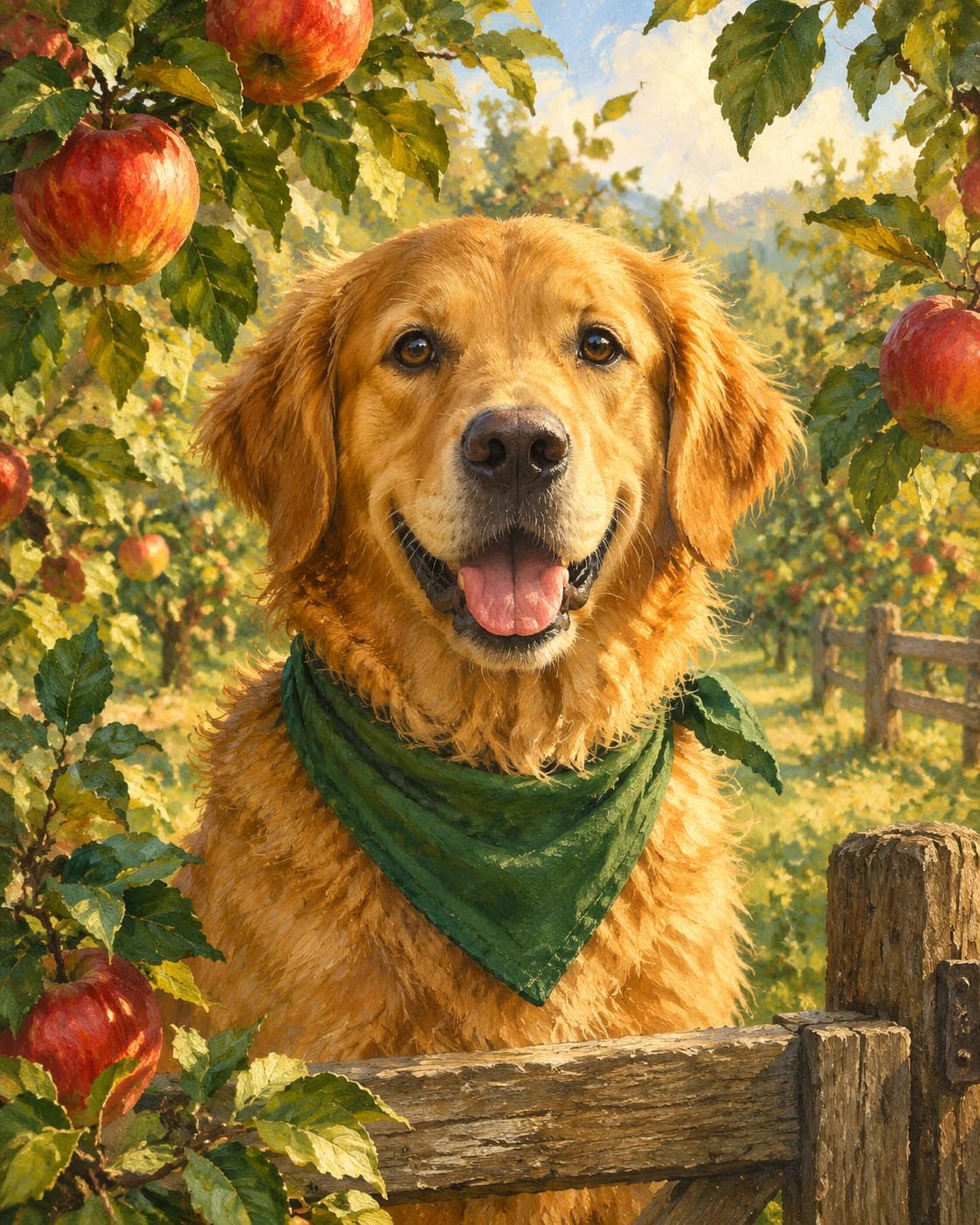 Dog Orchard Guardian: Dog Orchard Guardian: a sunlit apple orchard with a low wooden gate, with a modest forest-green canine bandana.