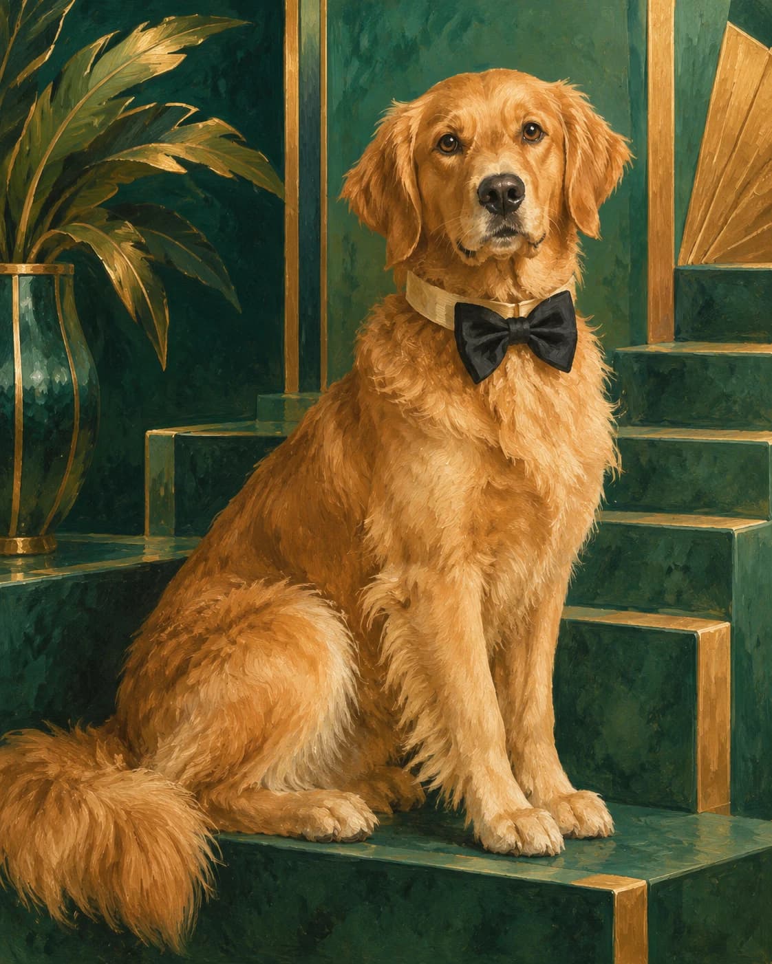 Dog Art Deco Socialite: Dog Art Deco Socialite: a geometric emerald salon, with a champagne dog collar with a black bow.