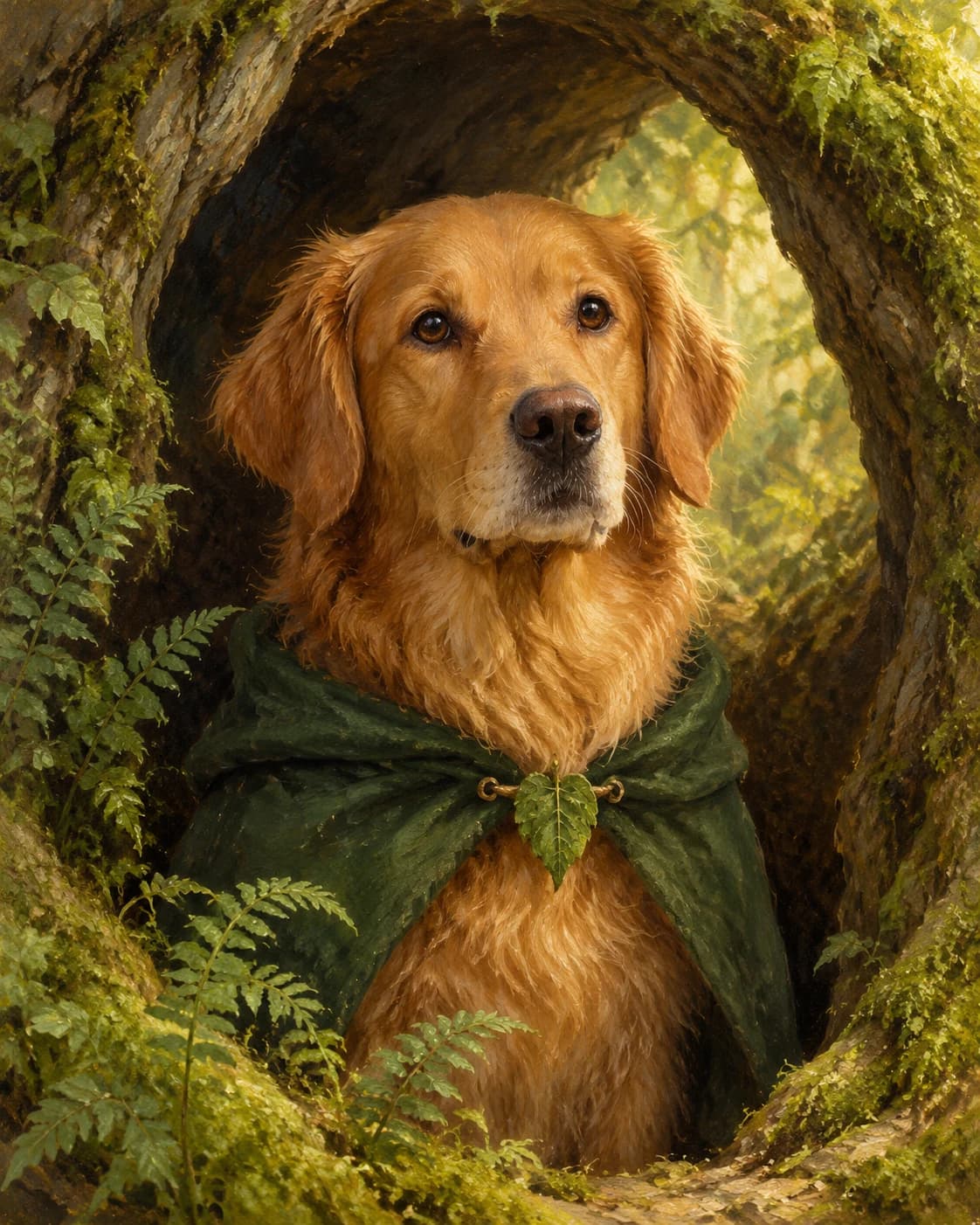 Dog Forest Storykeeper: Dog Forest Storykeeper: a mossy storybook tree hollow with ferns, with a deep green dog cape with a leaf clasp.