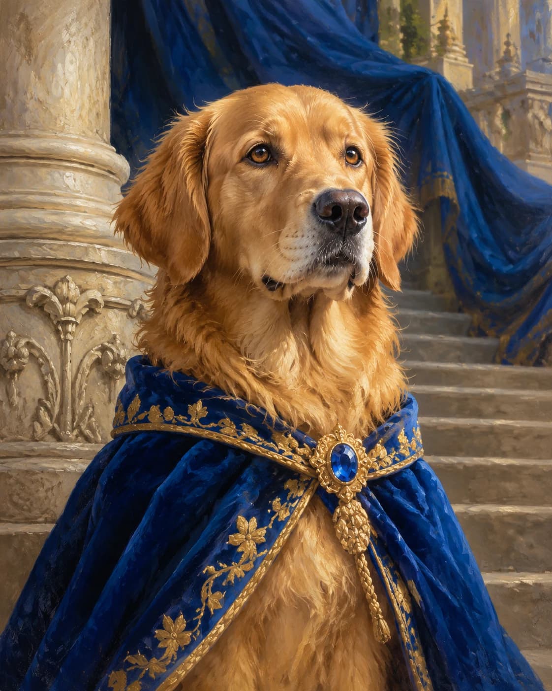 Dog Sapphire Court Sentinel: Dog Sapphire Court Sentinel: an invented palace stair with blue drapery, with a sapphire canine ceremonial mantle without weapons.
