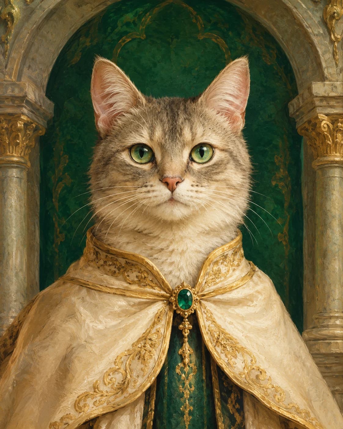 Cat Emerald Court Regent: Cat Emerald Court Regent: an emerald palace alcove with a stone arch, with a cream feline court mantle with gold edging.