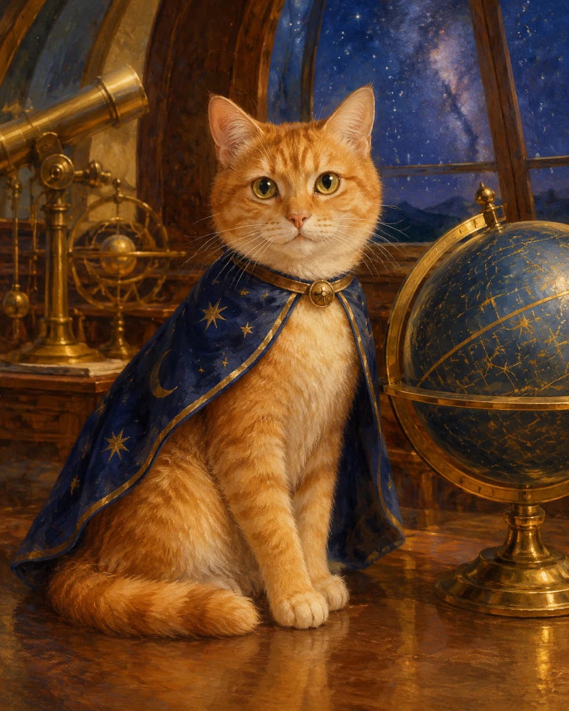 Cat Amber Astronomer: Cat Amber Astronomer: a quiet observatory with brass instruments at floor level, with an indigo feline cape and a small bronze collar.