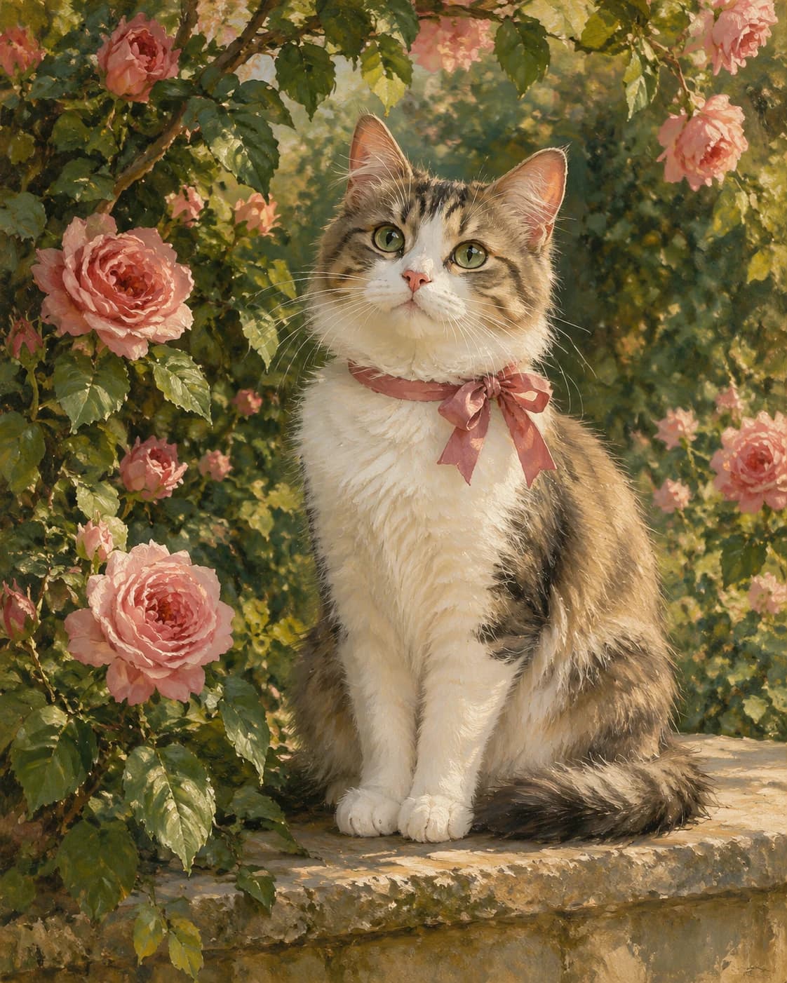 Cat Rose Garden Muse: Cat Rose Garden Muse: a shaded rose garden with low branches, with a simple dusty-rose feline ribbon collar.