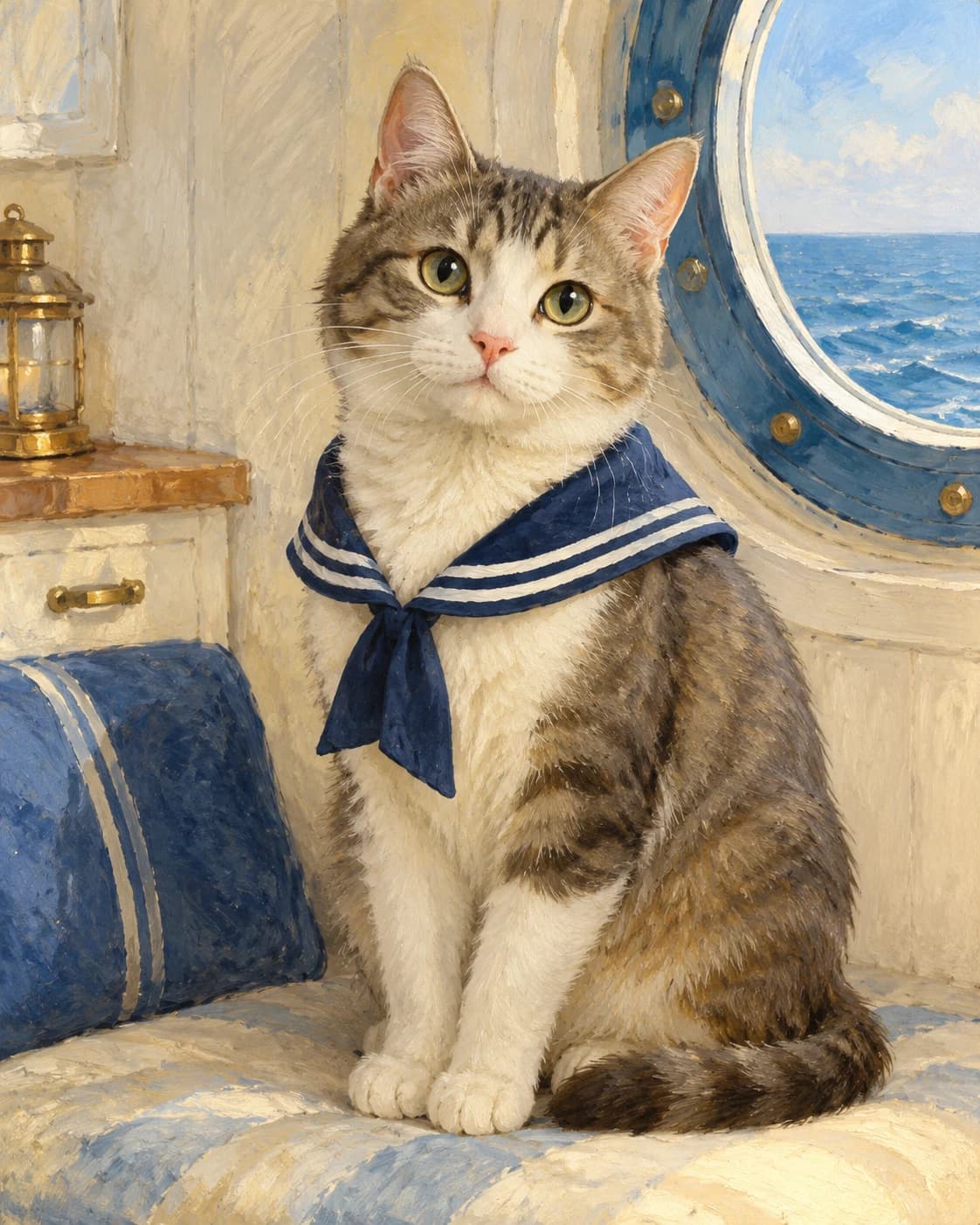 Cat Coastal Navigator: Cat Coastal Navigator: a pale ship cabin with a blue porthole, with a navy feline sailor collar without badges.