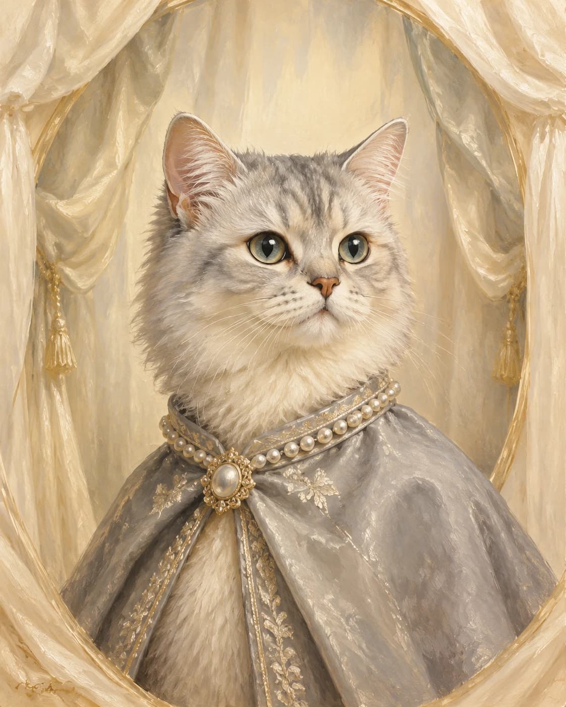 Cat Ivory Ballroom Duchess: Cat Ivory Ballroom Duchess: a light ivory ballroom with hanging silk, with a modest pearl-gray feline court cape.