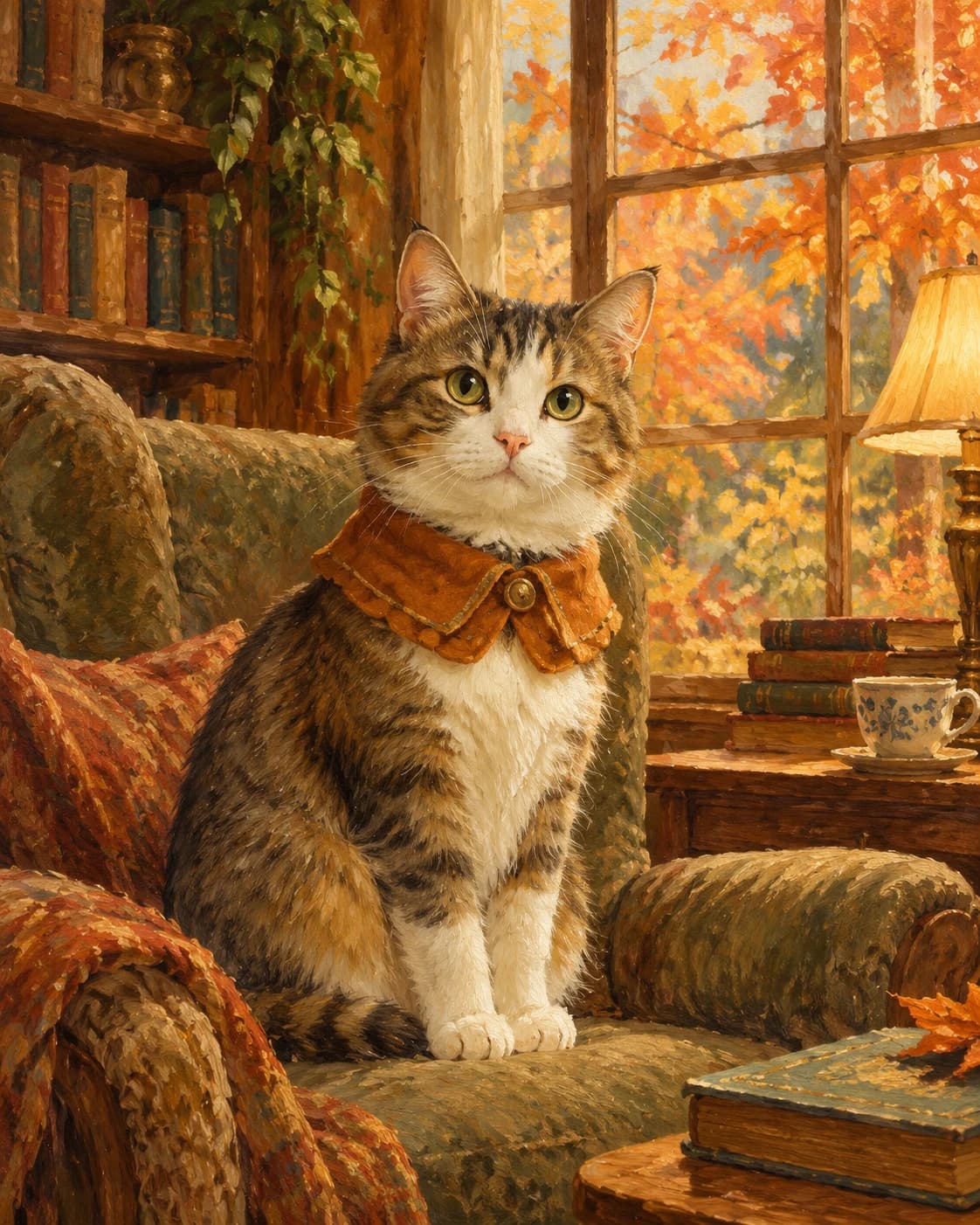 Cat Autumn Library Poet: Cat Autumn Library Poet: a warm reading room with orange leaves beyond a window, with a rust feline scholarly collar.