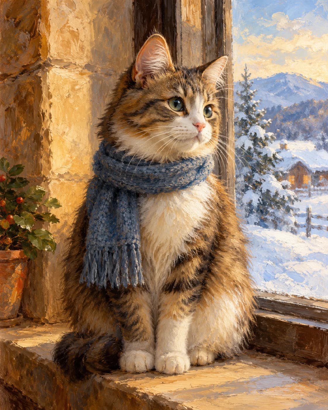 Cat Winter Window Companion: Cat Winter Window Companion: a warm stone windowsill overlooking snow, with a simple blue-gray feline scarf.