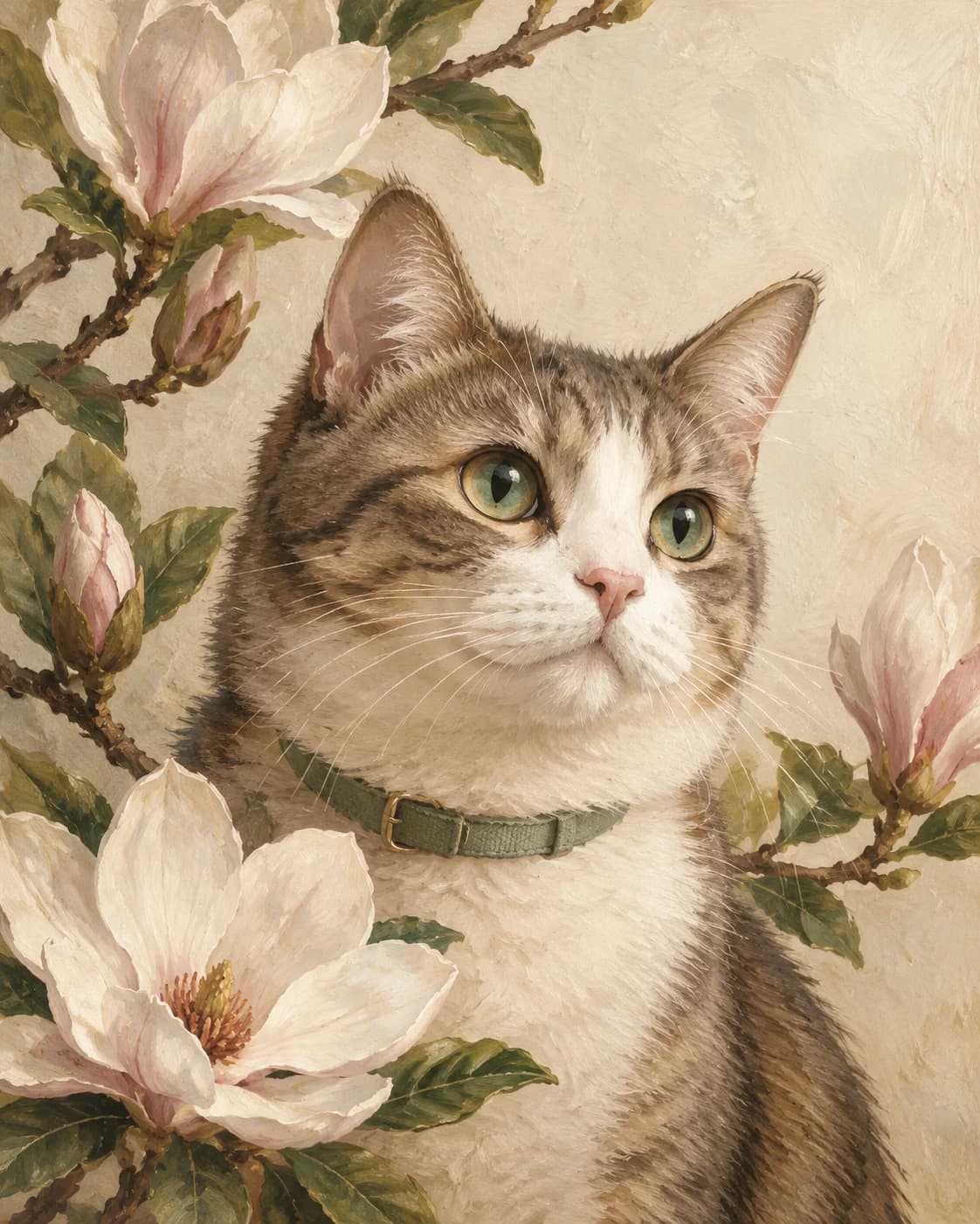 Cat Magnolia Remembrance: Cat Magnolia Remembrance: a peaceful magnolia branch against an ivory wall, with a plain muted-sage feline collar.