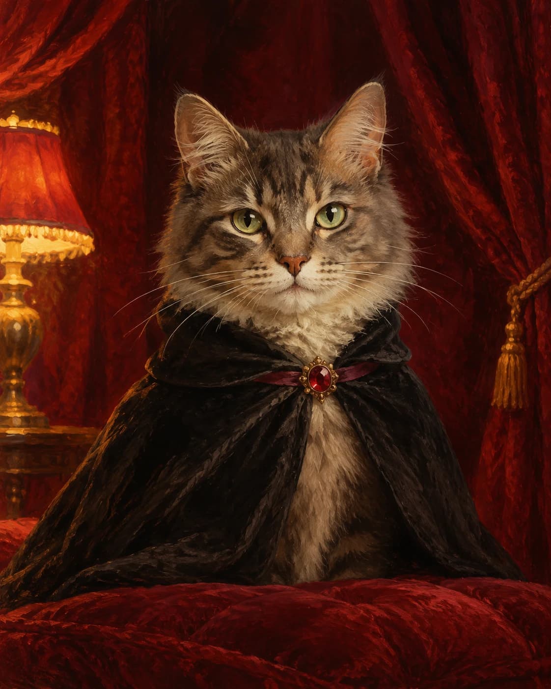 Cat Midnight Opera Guest: Cat Midnight Opera Guest: a crimson theater alcove lit by one warm lamp, with a black feline cape with a small burgundy clasp.