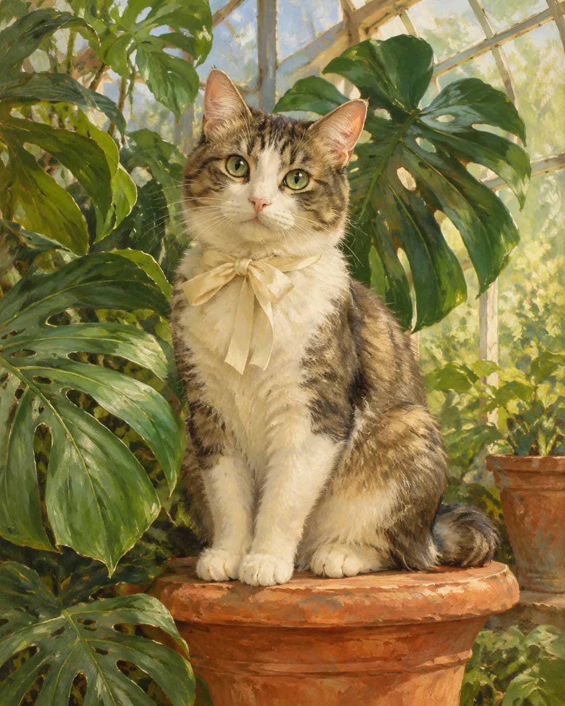 Cat Botanical Conservator: Cat Botanical Conservator: a glasshouse with broad monstera leaves, with a simple cream feline ribbon with no costume.
